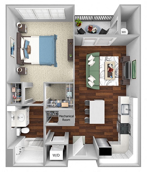 Floor plan for 1 bed, 1 bath, 721 sqft